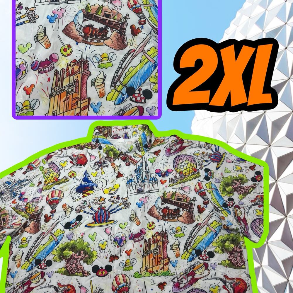 Disney Park Cartoon Graphics All Over Print 3D Hawaiian Shirt Size 2XL White